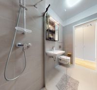 Bathroom with a simple shower, sink, and toilet in a studio apartment.