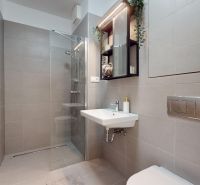 Bathroom with toilet, shower, and mirror in a studio apartment.