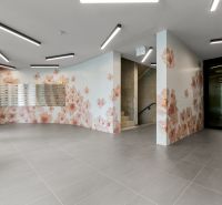 Entrance hall with a mosaic wall, mailboxes, and tiling.