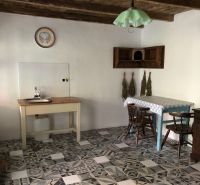 Interior of a family house with a retro tiled floor and a wooden ceiling.