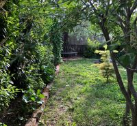 The garden of a family house in Majcichov with lush greenery and a bench at the end.