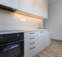 A kitchen in a 3-room apartment with a wooden decor, built-in oven, and refrigerator.