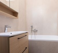 Bathroom in a 3-room apartment with a bathtub and a cabinet with a wooden decor.