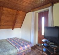 Interior of a cabin with a bed, television, and a floor with wooden decor.