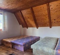 A room in a cabin with double beds, a wooden ceiling, and a floor with a wooden decor.