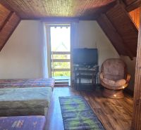 The attic of the cottage with beds, a television, and a floor with a wooden decor.