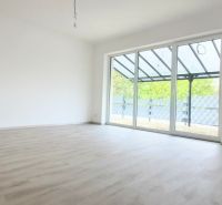 A spacious room in a family house with a wooden decor floor and large glazing.