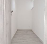 A narrow hallway in a family house with a wooden decor floor and white walls.