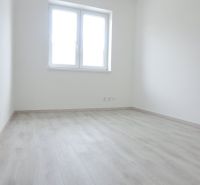 A room with white walls, a wooden decor floor, and a window in a family house.