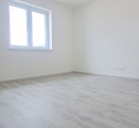 An empty room with white walls and a floor with a wooden decor in a family house.