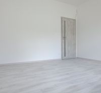 An empty room with wood-patterned flooring and closed doors in a family house.