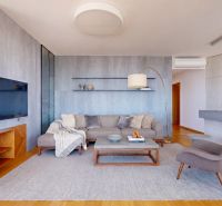 A stylish living room in a 4-room apartment with wood-patterned flooring and comfortable seating.