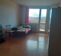 Studio apartment with a sofa, wooden floor, and a view through a large window.