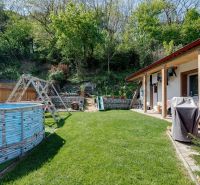 The garden of a family house in Potzneusiedl with a swimming pool, lawn, and wooden swing.