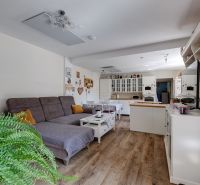 Living room with a kitchen in a family house, with a wooden decor floor and beautiful greenery.