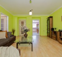 A spacious living room with green walls, a dark sofa, and a wooden decor floor.