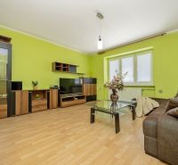A living room with wood-patterned flooring, green walls, and a sofa in a two-room apartment.