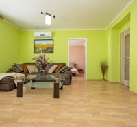 Living room in a 2-room apartment with a comfortable sofa, wooden decor flooring, and green walls.