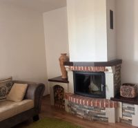 The 3-room apartment features a fireplace with brick details and a comfortable sofa.