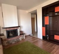 Living room with a fireplace, shelving system, and wood-patterned flooring.