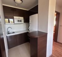 A kitchenette in a 3-room apartment with a wooden decor floor and dark cabinets.