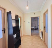 A hallway in a family house with a wooden decor floor and a black shelf.