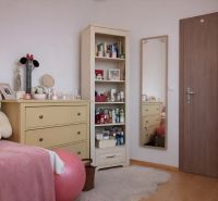 Children's room with a wardrobe, mirror, large plush teddy bear, and floor with wooden decor.
