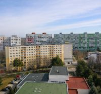 Apartment buildings in Bratislava - Petržalka on Lietavská Street in the background of trees.