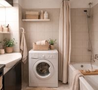 Bathroom with shower, washing machine, sink, and decorations in a 4-room apartment.