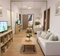 Living room in a 4-room apartment with a comfortable sofa and a mirrored wardrobe.