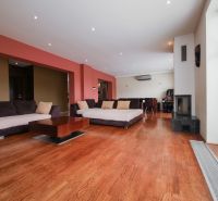 Living room with a fireplace and wood-patterned flooring in a family house.