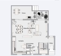 Floor plan of a family house with a terrace, kitchen, living room, dining room, closet, and toilet.