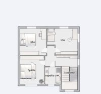 Floor plan of a family house: three rooms, bathroom with toilet, staircase.