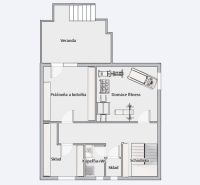The floor plan of the family house includes a veranda, a home gym, a laundry room, and a storage room.