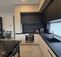 A kitchen with black cabinets and a bookshelf in a family house with a wood-patterned floor.
