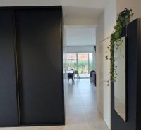 A hallway in a family house with black cabinets leads to the living room.