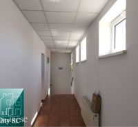 A hallway in a family house with tiles, light walls, and ceiling panels.