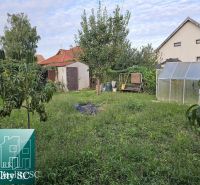 The garden of a family house in the village of Tureň with a lawn, greenhouse, and trees.