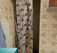 A shower corner with a floral curtain and tiles in a family house.