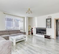 Living room in a family house with a corner sofa and a wooden decor floor.