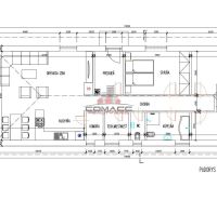 The ground floor plan of the family house with a terrace includes a living room and a kitchen.