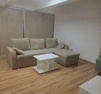 1-bedroom apartment with a corner sofa, table, and floor with a wooden decor.