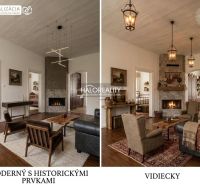 Double visualization of a living room with a fireplace and wood-patterned flooring.