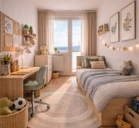 Children's room with a desk, bed, and decorations in a 4-room apartment.