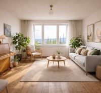 Living room in a 4-room apartment with a piano and a wooden decor floor.