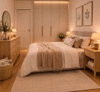 A bedroom in a 4-room apartment with wooden decor and soft lighting.