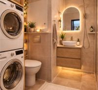 Bathroom with a washing machine, sink, shower, and decorative plants in a 4-room apartment.