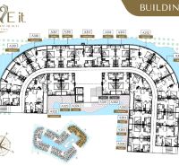 Floor plan of a resort building in Pattaya with studios and two-bedroom apartments.