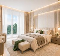 Elegant bedroom with a balcony and wood-patterned flooring in a 2-room apartment.