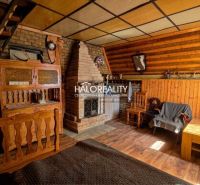 The interior of a cabin with a brick fireplace, stairs, and wooden decor on the walls and floor.